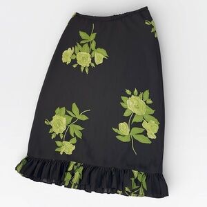 Womens midi Floral Black and Green Ruffle Women's Skirt SIZE 8 S/M
